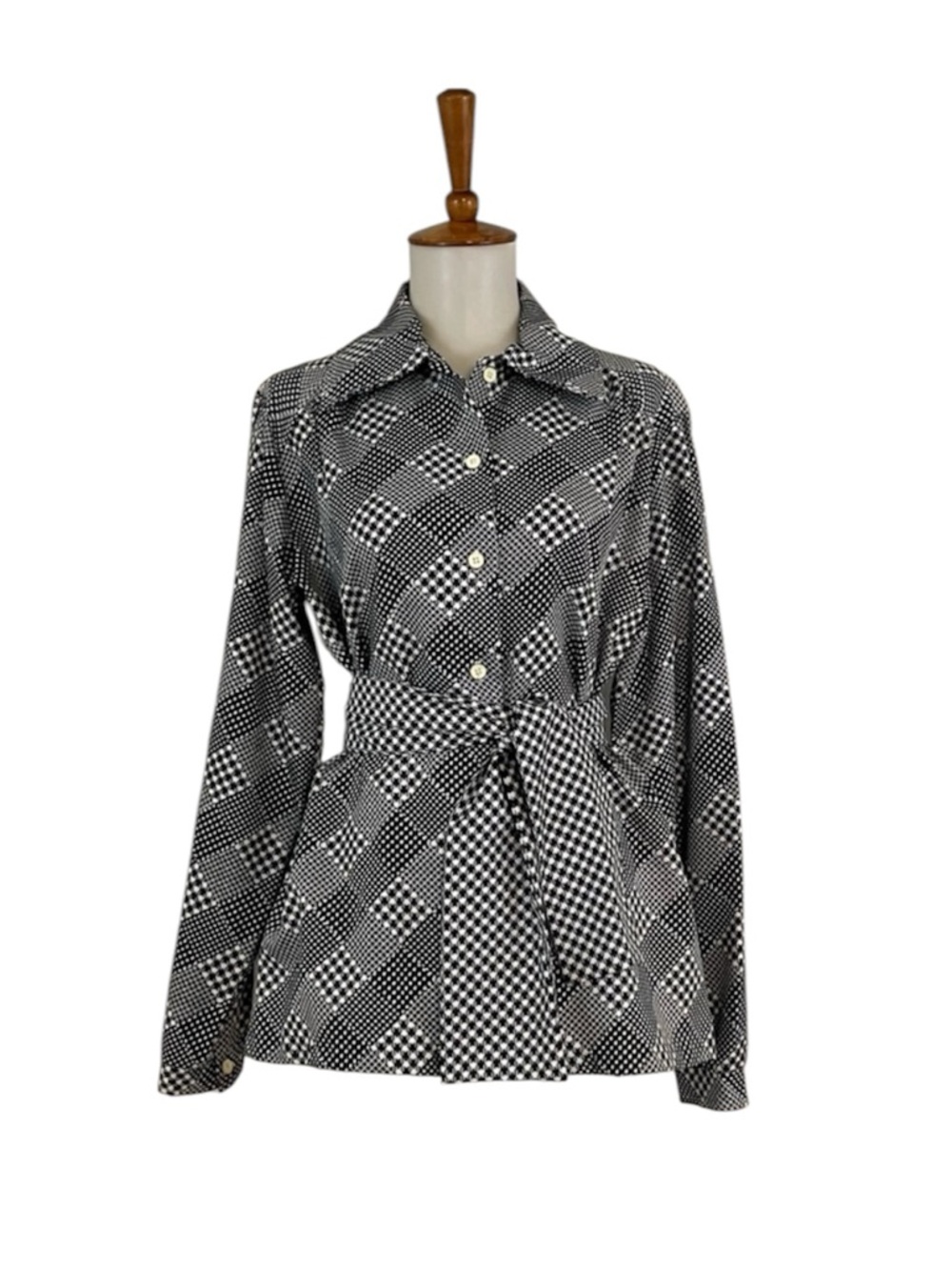 70s Button Down Blouse Women's L Vintage Long Sleeve Belted